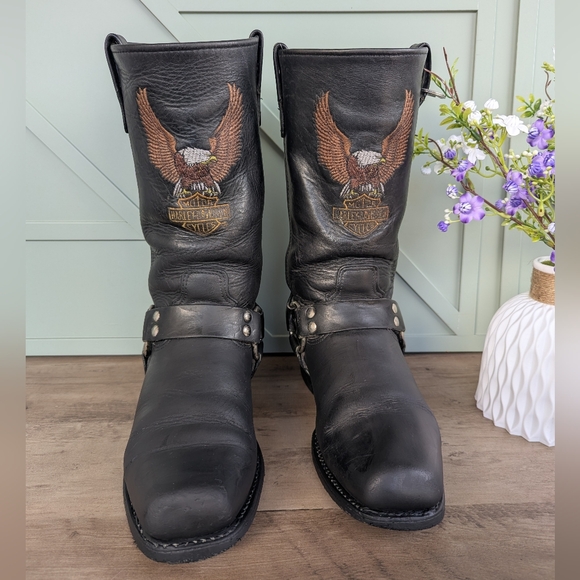 Harley-Davidson Black Leather Boots with Eagle Design